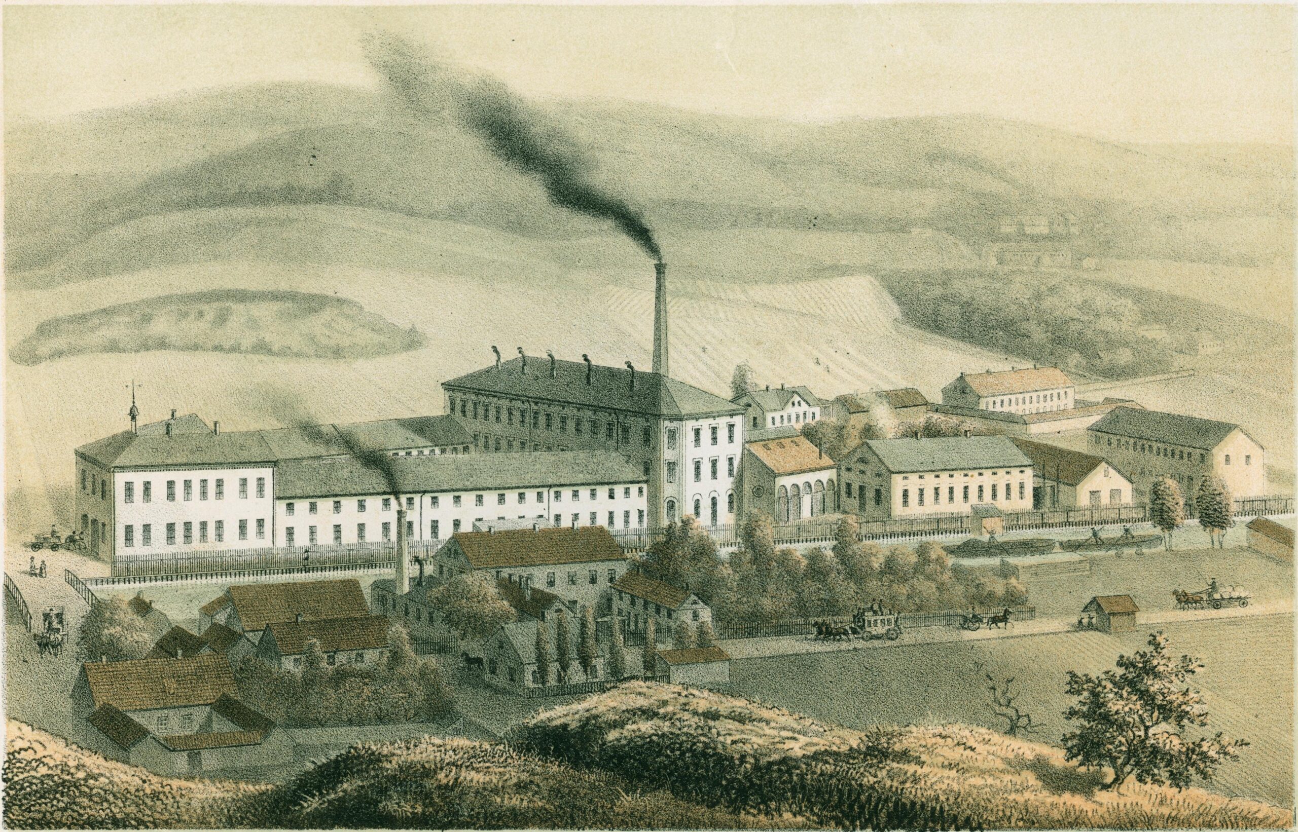 En bild från 1860-talet. Det som är igenkännbart idag är bland annat brons placering, den kilformade kvartersstrukturen i norr, grönskan längs älven, skorstenens placering och den tätare bebyggelsen kring nuvarande Väveritorget.